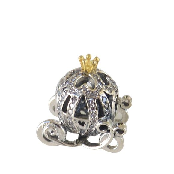 Pandora Disney Cinderella Pumpkin Coach 14k Gold CZ & SS .925 Charm 791573CZ - Picture 1 of 9